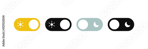 On Off toggle switch buttons. day night switch toggle - dark mode, light mode switch button - sun and moon icons