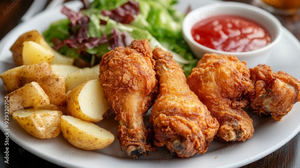 Bread, potatoes, salad, and crispy fried chicken drumsticks are served. Bread, potatoes, salad, and crispy fried chicken drumsticks are served.