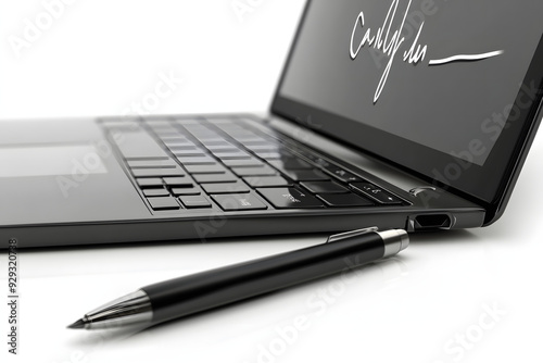 Digital Signature Process on Touchscreen Laptop isolated on white background