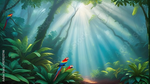 Tropical forest with parrots in the jungle. illustration. photo