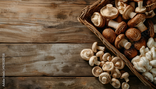 Wicker tray with variety of raw mushrooms on wooden table