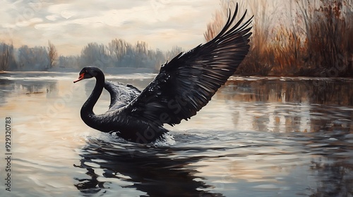Fototapeta Naklejka Na Ścianę i Meble -  Black swan with wings spread wide in a lake, surrounded by a soft, natural background.