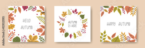 Autumn Leaf square backgrounds set. Hand drawn Falling leaves frame border wreath. Doodle foliage illustration. Template for sale advertising banner card social media design. Hand lettering