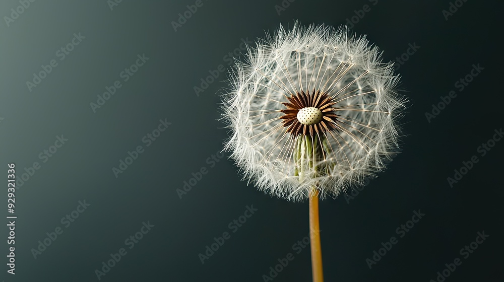 Dandelion blowing in the wind on a black-gray background with a white dot in the center Dandelion blowing in the wind on a black-gray background with a white dot in the center