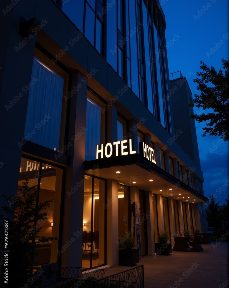 Obraz premium A sleek, modern hotel building illuminated at night, with glowing signage and warm, inviting lights highlighting its contemporary architecture.