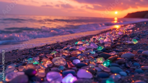 Fototapeta Naklejka Na Ścianę i Meble -   Natural polish textured sea glass and stones on the seashore. Azure clear sea water with waves. Green, blue shiny glass with multi-colored sea pebbles close-up. Beach summer background.