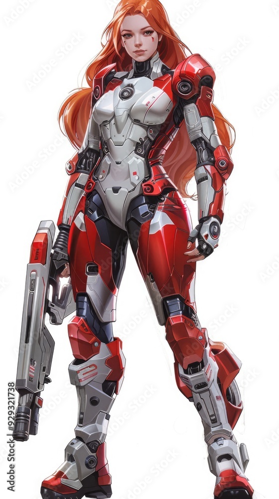 Powerful female android in futuristic armor showing off advanced technology and metal exoskeleton standing in heroic pose against white background. Powerful female android in futuristic armor showing off advanced technology and metal exoskeleton standing in heroic pose against white background.