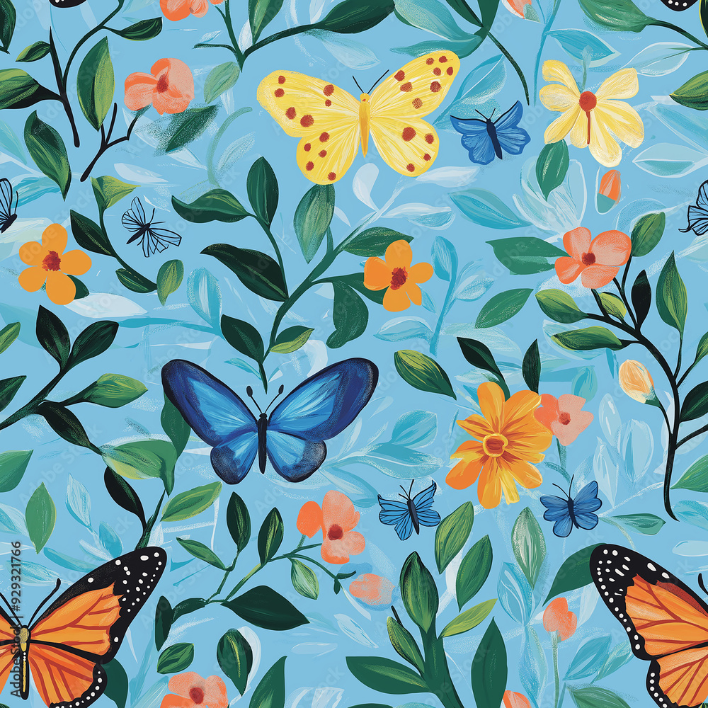Fototapeta premium Seamless pattern with butterflies and flowers on a light blue background. The colorful design includes various species of butterflies and delicate floral elements.
