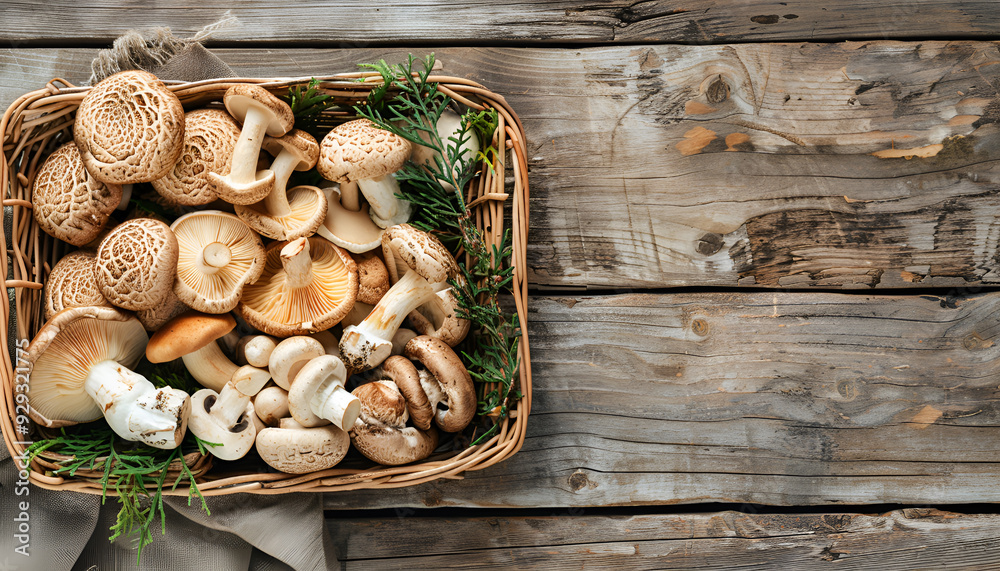 Wicker tray with variety of raw mushrooms on wooden table Wicker tray with variety of raw mushrooms on wooden table