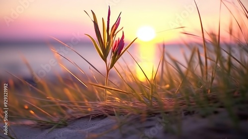 Little grass stem close - up with sunset over calm sea, sun going down over horizon Generative AI