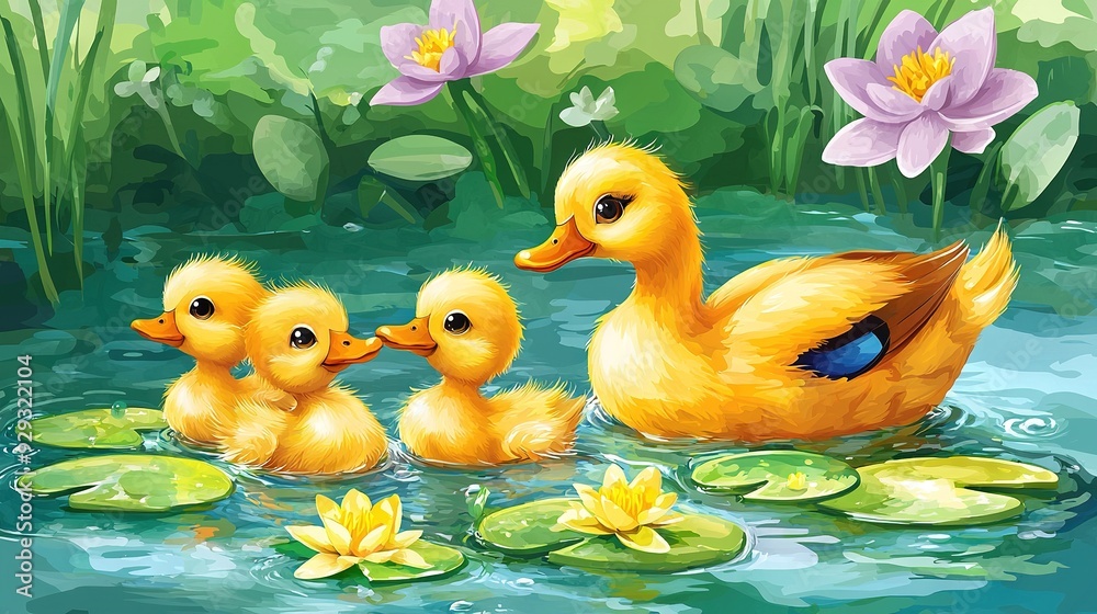 A mother duck and her two baby ducklings gracefully swim in a serene pond, surrounded by lush lily pads and captivating water lilies A mother duck and her two baby ducklings gracefully swim in a serene pond, surrounded by lush lily pads and captivating water lilies