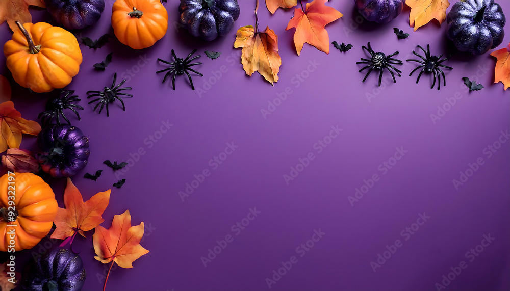 Fototapeta premium halloween background purple hues pumpkins bats spiders autumn leaves space text