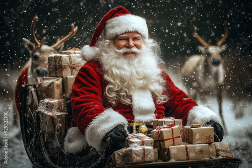 Santa Claus sitting in his sleigh with gifts in a snowy forest