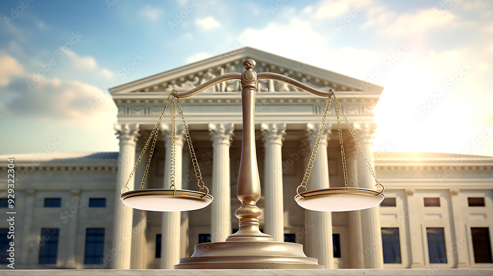 Fototapeta premium Justice Scales Banner with Courthouse: A Powerful Representation of Legal Fairness and Financial Protection in Business Affairs.