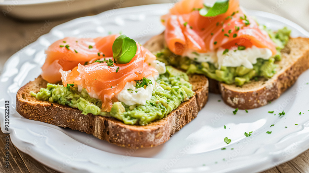 Avocado toast with smoked salmon for breakfast, homemade cuisine and traditional food, country life Avocado toast with smoked salmon for breakfast, homemade cuisine and traditional food, country life