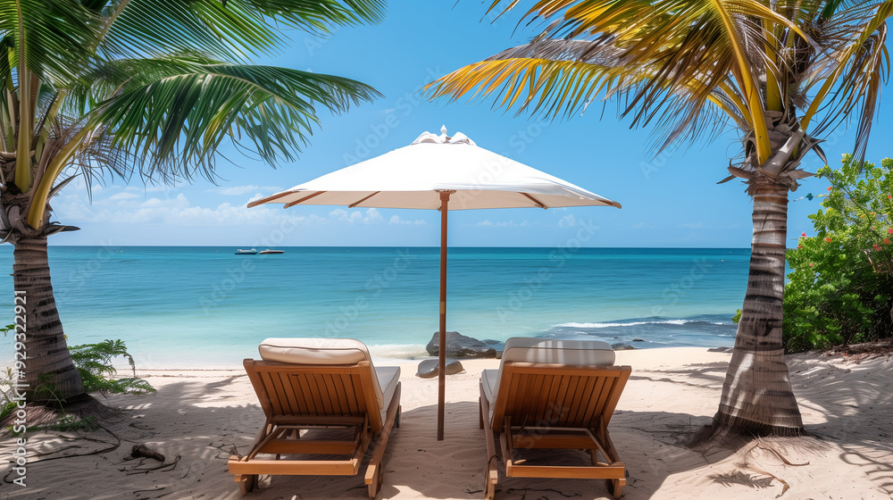 Obraz premium Two wooden beach loungers under a white umbrella on an idyllic tropical beach