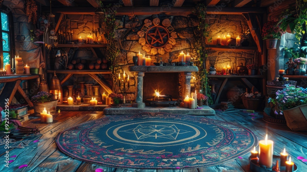 Mystical witch room with stone walls with a pentagram, a stone fireplace and a carpet with a pentagram. Mystical witch room with stone walls with a pentagram, a stone fireplace and a carpet with a pentagram.