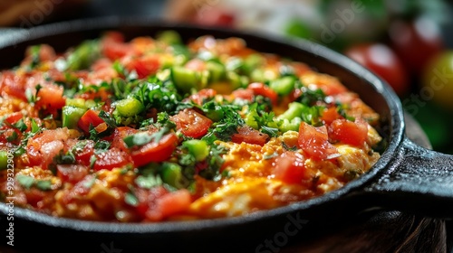 Menemen is a traditional Turkish dish made with eggs, tomatoes, and green peppers.