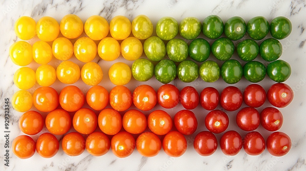 A cluster of ripe tomatoes resting atop a white kitchen surface beside an assortment of green, red, and yellow fruit A cluster of ripe tomatoes resting atop a white kitchen surface beside an assortment of green, red, and yellow fruit