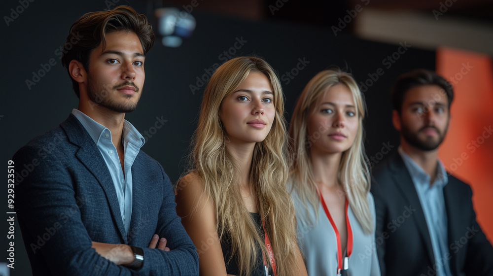A group of young entrepreneurs pitching their startup idea at a business competition, confident and driven. A group of young entrepreneurs pitching their startup idea at a business competition, confident and driven.