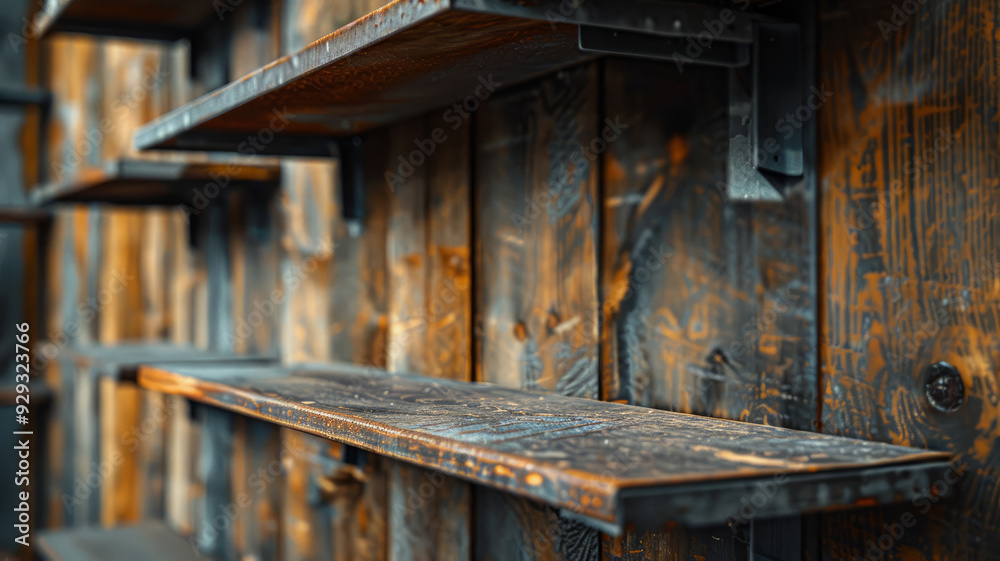 Empty rustic wooden shelves on a wooden wall. Empty rustic wooden shelves on a wooden wall.