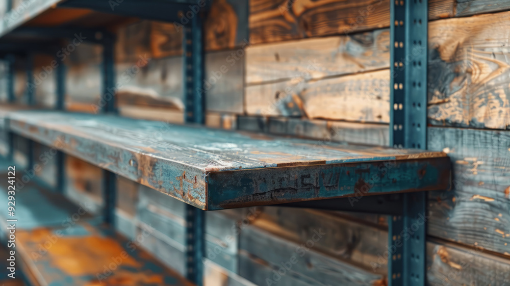 Empty wooden and metal rustic shelves on a wooden wall. Empty wooden and metal rustic shelves on a wooden wall.