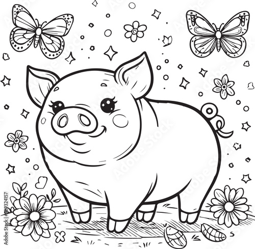 A pig line art coloring book illustration