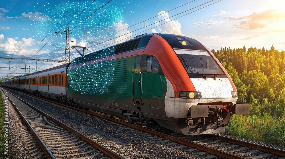 Naklejka premium A green and orange train glides smoothly along train tracks beside a dense green forest beneath a bright blue sky with fluffy white clouds