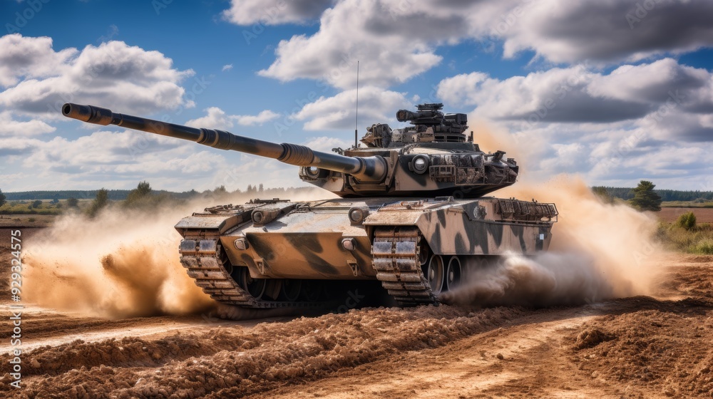 Camouflaged tank speeding in desert with crew member in helmet and goggles visible from turret hatch Camouflaged tank speeding in desert with crew member in helmet and goggles visible from turret hatch