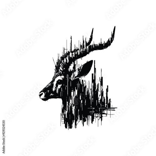 silhouette of Antelope, the interior of is filled with destroyed futuristic dystopia environment in rough drawing,