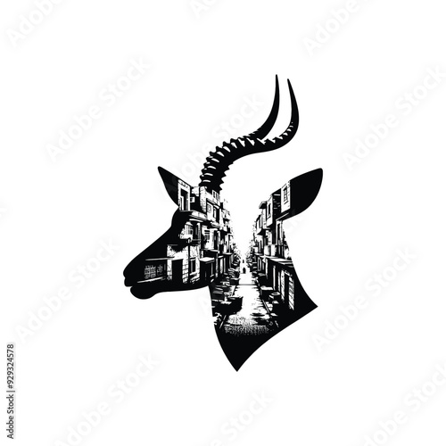 silhouette of Antelope, the interior of is filled with ghetto street in rough drawing,