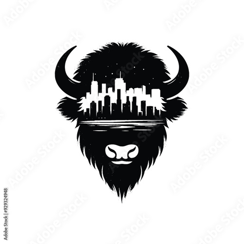 silhouette of Bison, filled with cityline in rough drawing,