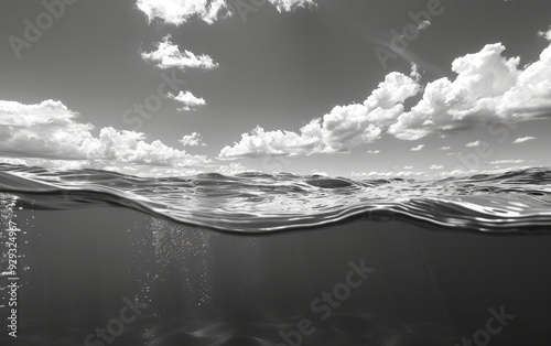 Black and white close-up of ocean waves under a cloudy sky, capturing a dramatic and minimalist seascape. Perfect for marine and moody themes. photo