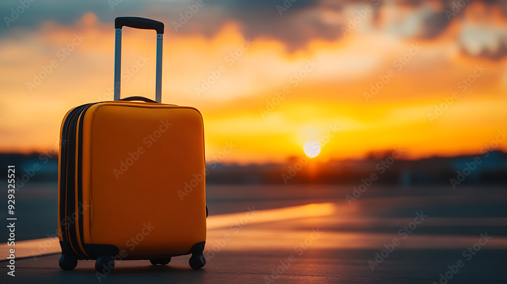 A yellow suitcase stands on a tarmac with a sunset in the background. The suitcase represents travel and adventure. AI generated A yellow suitcase stands on a tarmac with a sunset in the background. The suitcase represents travel and adventure. AI generated