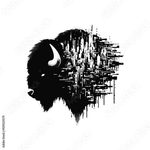 silhouette of Bison, filled with destroyed futuristic dystopia environment in rough drawing,