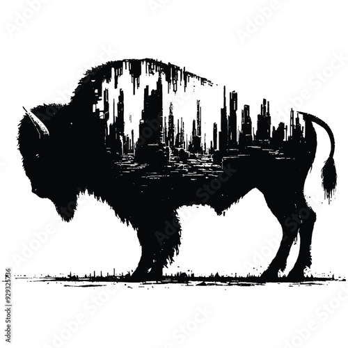 silhouette of Bison, filled with destroyed futuristic dystopia environment in rough drawing,