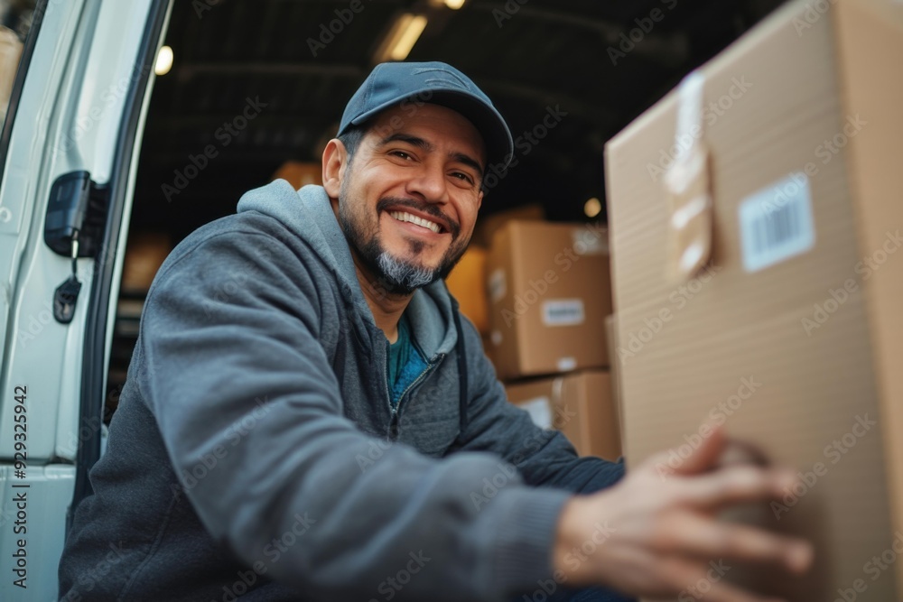 Smiling Hispanic Delivery Man in Gray Sweater Handling Packages in Delivery Van - Transport & Delivery Business Concept Smiling Hispanic Delivery Man in Gray Sweater Handling Packages in Delivery Van - Transport & Delivery Business Concept