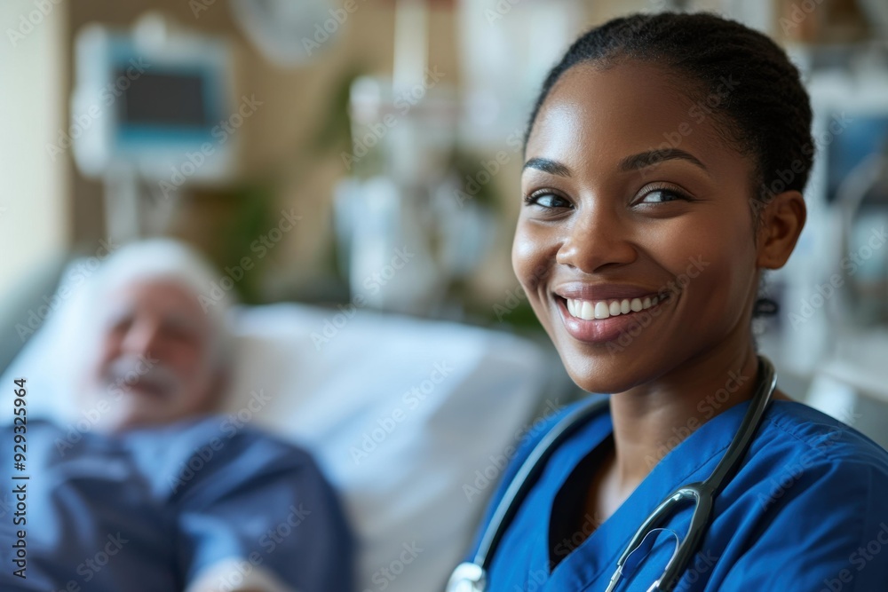 Fototapeta premium Smiling Young African Female Nurse in Scrubs Providing Care to Elderly Patient in Hospital Room