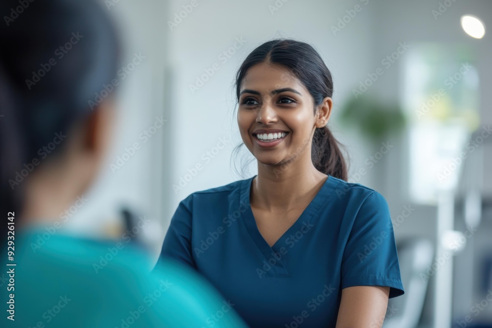 Fototapeta premium Smiling Young South Asian Female Nurse in Scrubs Engaging with Patient in Modern Healthcare Setting - Medical Consultation