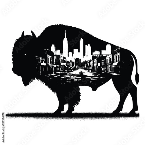 silhouette of Bison, filled with ghetto street in rough drawing,