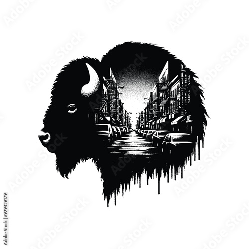 silhouette of Bison, filled with ghetto street in rough drawing,