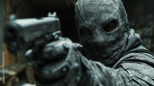 A masked man aiming a gun directly at the camera.