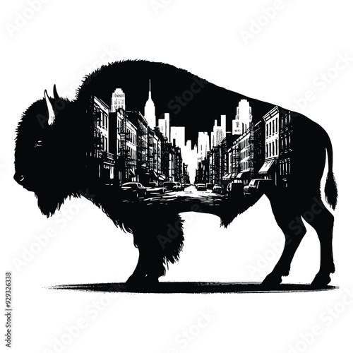silhouette of Bison, filled with ghetto street in rough drawing,