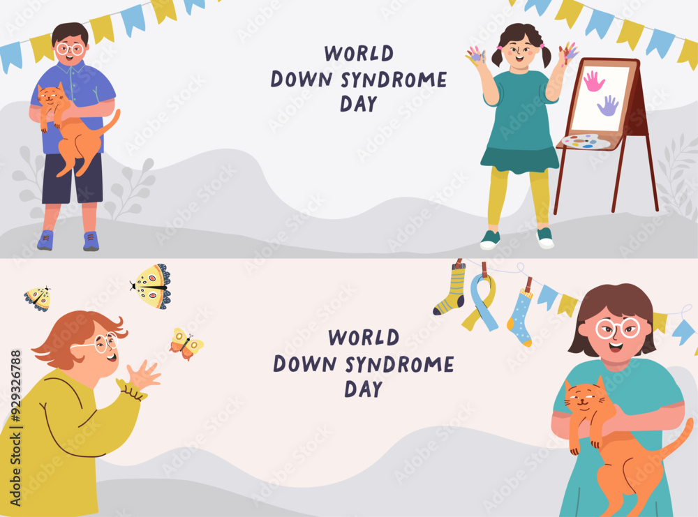Down syndrome day social media post flat hand drawn templates , horizontal banner, background vector illustration with children. Down syndrome day social media post flat hand drawn templates , horizontal banner, background vector illustration with children.