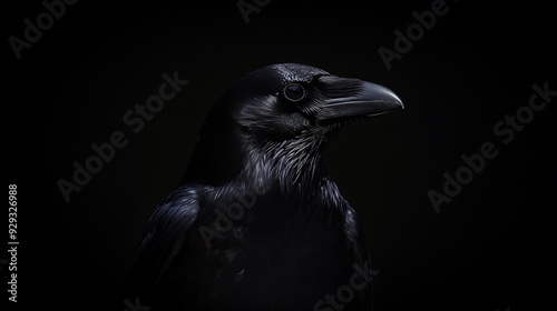 Closeup of a black crow's head and beak against a dark background.