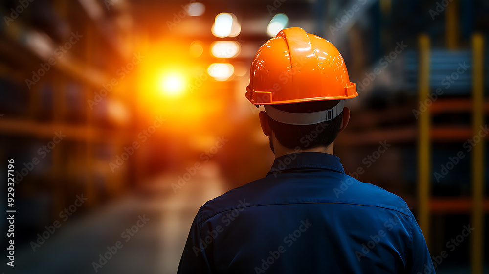 A worker in an orange hardhat walks through a warehouse, the setting sun casting a warm glow on the shelves. AI generated A worker in an orange hardhat walks through a warehouse, the setting sun casting a warm glow on the shelves. AI generated