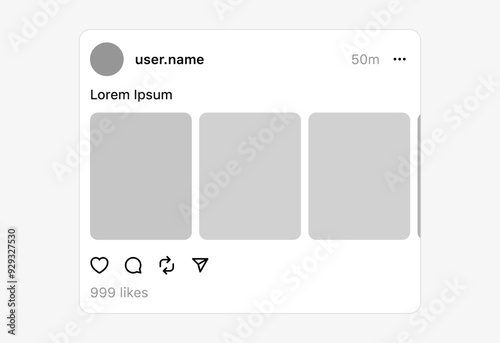 social media post mockup vector. social media carousel post template photos frame, feed web post mock up. mobile app interface template. notification icons ; like, comment, share icons