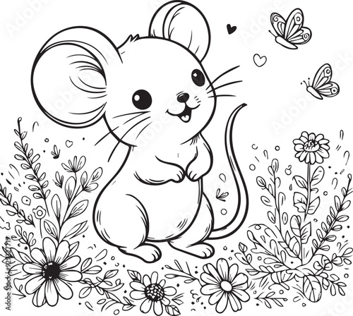 A mouse line art coloring book illustration for kids