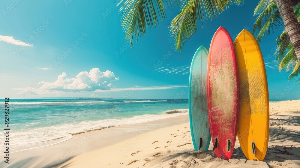 Colorful surfboards on a sandy beach under palm trees during a sunny day Colorful surfboards on a sandy beach under palm trees during a sunny day