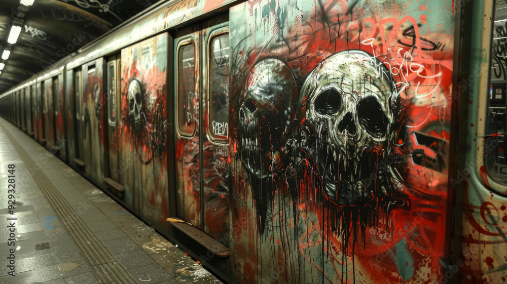 Obraz premium Graffiti-covered subway train with striking skull artwork